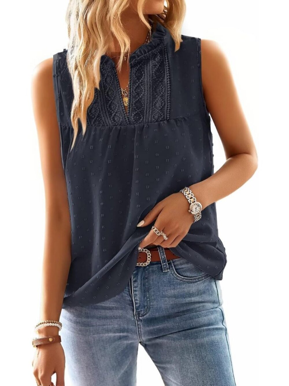 Boho Summer Lace Babydoll Tank Top - Flowy Sleeveless Women's Top